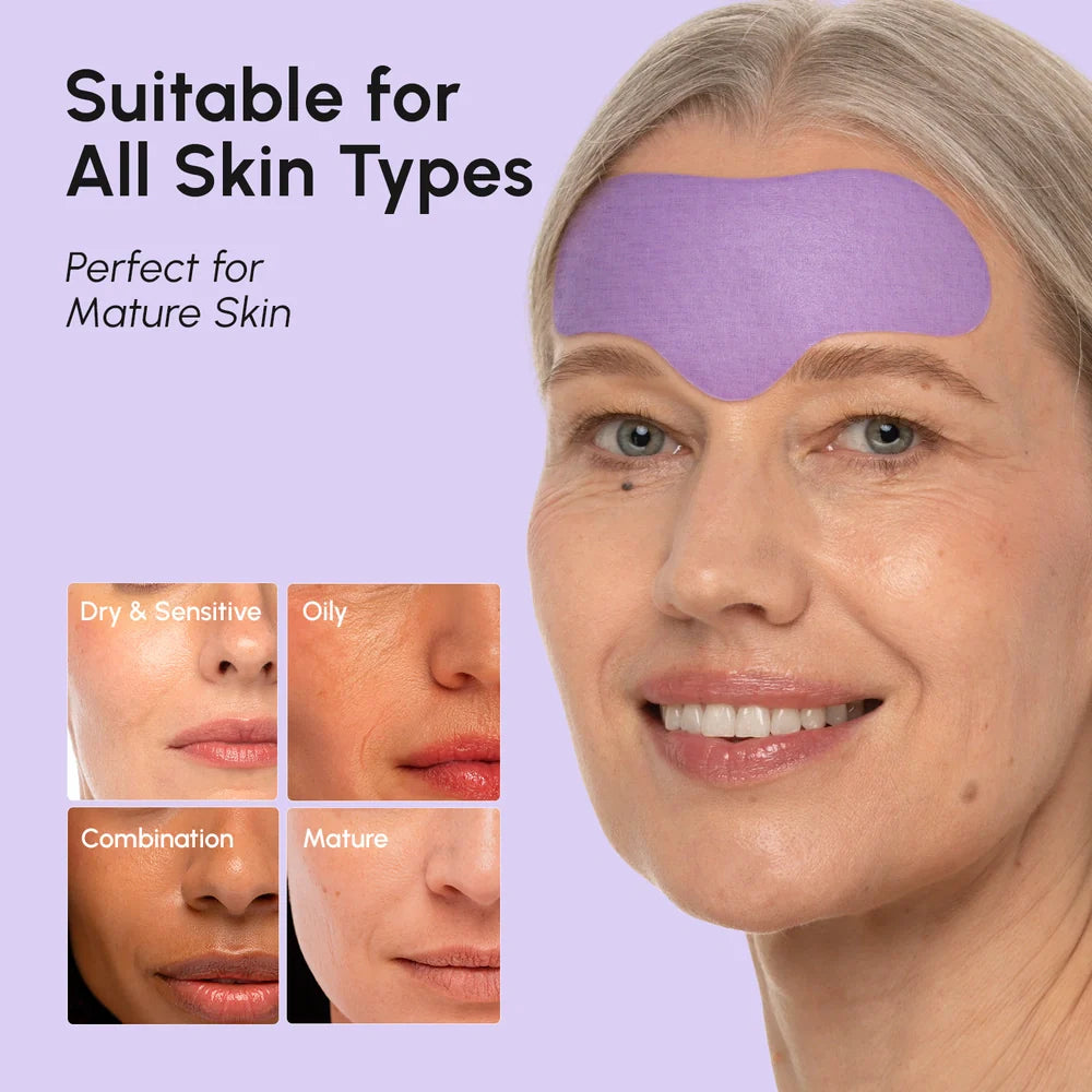 Woman wearing a purple eye mask with skin type suitability information on a purple background