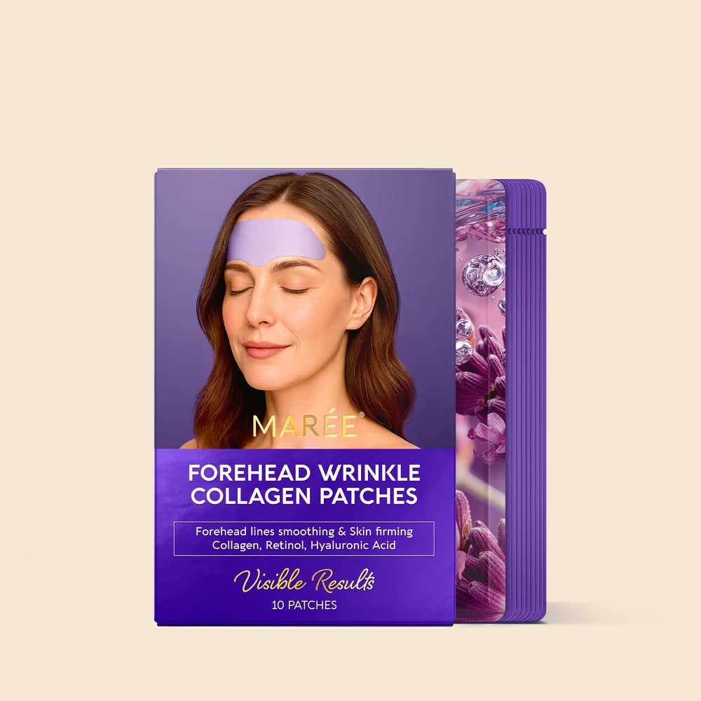 Packaging of Forehead Wrinkle Collagen Patches with a woman wearing a patch on her forehead.