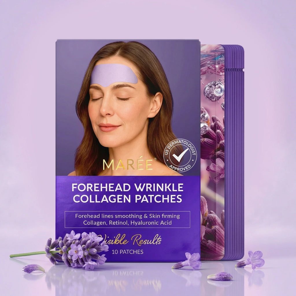 Pack of Forehead Wrinkle Collagen Patches with a woman's face on the packaging against a purple background.