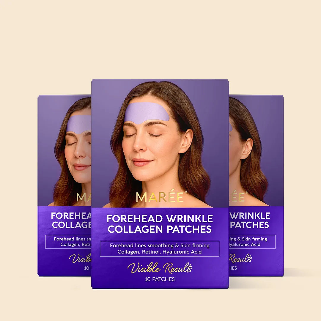 Packaging of Forehead Wrinkle Collagen Patches with a woman wearing a patch on her forehead.